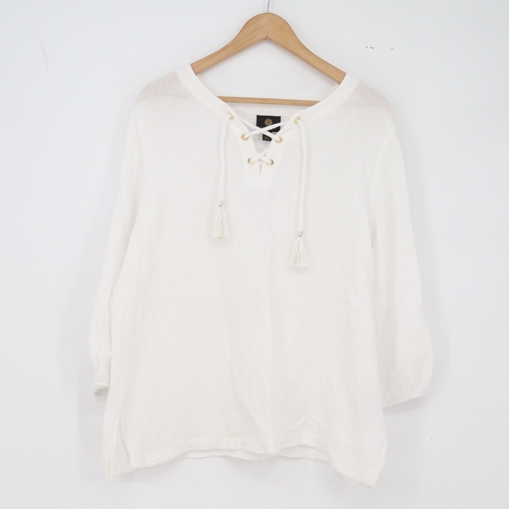 JM Collection Top Womens L Peasant Lace Up White Gauze 3/4 Sleeve Good